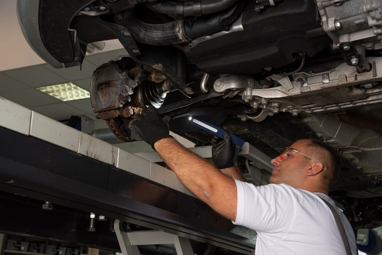 mechanic checking steering and braking parts