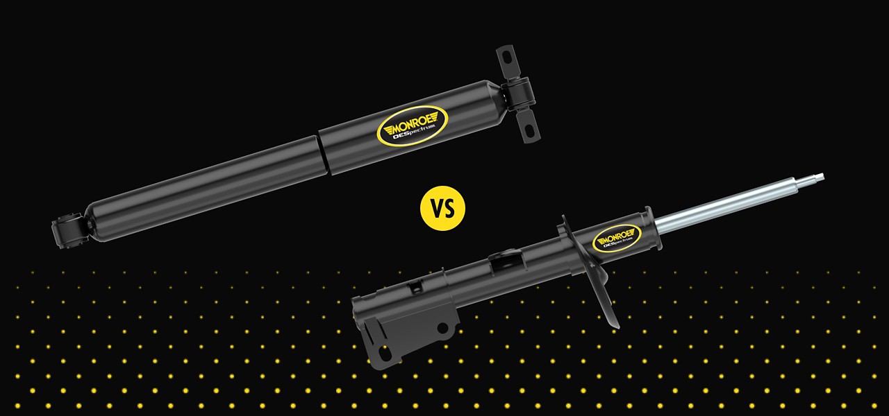 shocks-v-struts-hero Monroe Shocks and Struts against a black graphic background with yellow dots at the bottom